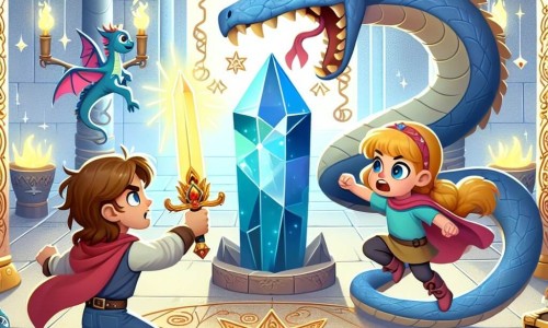 Une illustration destinée aux enfants représentant une jeune femme courageuse affrontant un serpent de cristal pour récupérer un artefact sacré, accompagnée d'un petit dragon joueur, dans le Temple des Étoiles orné de symboles magiques, au cœur d'un royaume fantastique.
