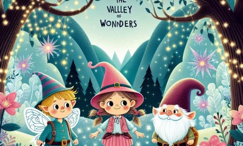 Une illustration destinée aux enfants représentant une petite fille aventurière se tenant aux côtés d'une fée farfelue et d'un lutin malicieux, explorant la Vallée des Merveilles, une forêt enchantée aux arbres scintillants et aux fleurs lumineuses.