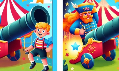 Une illustration destinée aux enfants représentant un garçon plein de vie, un homme canon intrépide, un cirque coloré aux chapiteaux chatoyants et aux étoiles scintillantes.
