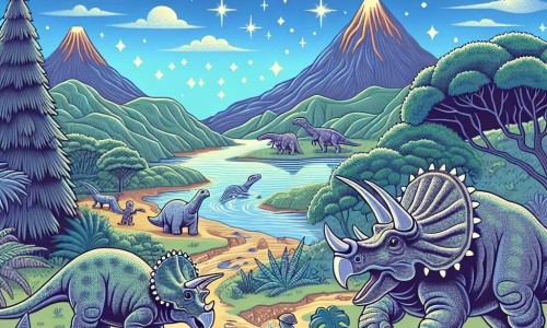 Une illustration destinée aux enfants représentant un tricératops joyeux et curieux se préparant pour un grand tournoi des dinosaures, accompagné d'un sage tricératops plus âgé, dans une vallée verdoyante parsemée de volcans endormis et de rivières scintillantes.