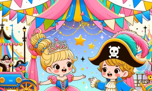 Une illustration destinée aux enfants représentant une petite fille en robe de princesse, vivant des aventures magiques avec son ami garçon déguisé en pirate, au cœur d'un carnaval coloré et animé.