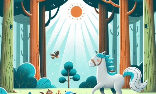 Une illustration destinée aux enfants représentant un petit cheval courageux, un oiseau bleu et un écureuil maladroit, évoluant dans une forêt enchantée aux arbres gigantesques et aux rayons de soleil dansants.