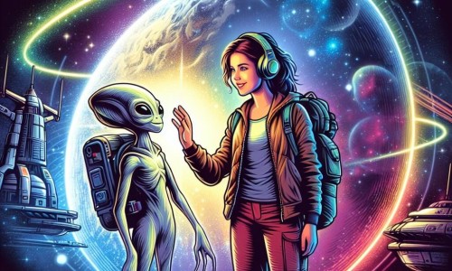 Une illustration destinée aux enfants représentant une jeune femme intrépide, une créature extraterrestre amicale, et une planète mystérieuse entourée d'un halo lumineux aux couleurs éclatantes où se déroule l'aventure de voyages spatiaux.