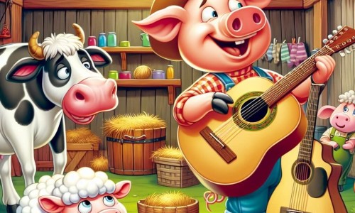 Une illustration destinée aux enfants représentant un joyeux cochon mâle découvrant une guitare dans le grenier de la ferme, avec une vache femelle sceptique et un mouton mâle enthousiaste, dans une grange colorée et animée de la campagne.