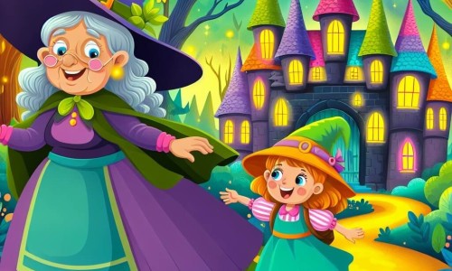 Une illustration destinée aux enfants représentant une apprentie sorcière pleine d'énergie, accompagnée d'une sorcière excentrique, évoluant dans une mystérieuse demeure colorée cachée au cœur d'une forêt enchantée.