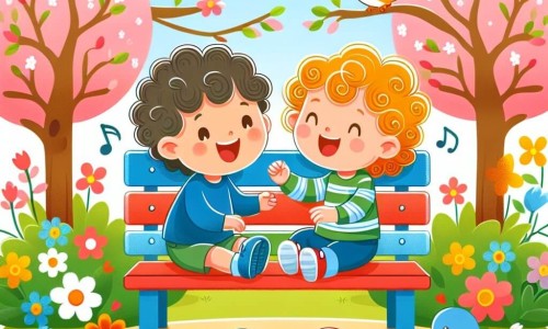 Une illustration destinée aux enfants représentant un petit garçon aux cheveux bouclés jouant joyeusement avec un autre enfant sur un banc coloré, entourés d'arbres fleuris et d'oiseaux chantants, dans un parc ensoleillé et accueillant.