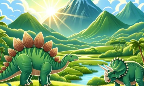 Une illustration destinée aux enfants représentant un stégosaure majestueux et impressionnant, accompagné d'un tricératops garçon, se déroulant dans une vallée verdoyante et ensoleillée remplie de plantes luxuriantes et de dinosaures colorés.