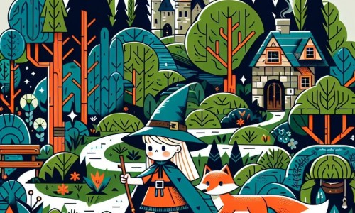 Une illustration destinée aux enfants représentant une jeune sorcière courageuse affrontant les ténèbres d'une forêt interdite, accompagnée de son fidèle renard magique, dans un village enchanteur niché au cœur d'une vallée verdoyante.