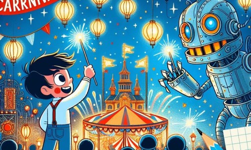 Une illustration destinée aux enfants représentant un garçon créatif et courageux, sur le point de sauver le carnaval de Lumièreville en affrontant une créature mécanique, sous un ciel azuré illuminé par des lanternes festives et des étoiles scintillantes.
