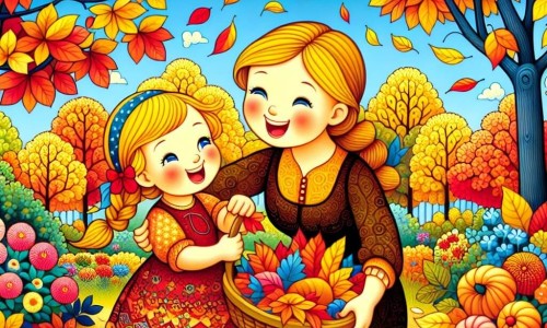Une illustration destinée aux enfants représentant une fillette joyeuse ramassant des feuilles colorées avec sa maman dans un jardin aux arbres rouge, orange et jaune, sous un ciel bleu parsemé de nuages blancs.