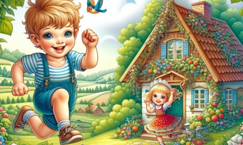 Une illustration destinée aux enfants représentant un petit garçon énergique en train de passer des vacances d'été enchantées à la campagne, accompagné de sa sœur Marie, dans une petite maison chaleureuse entourée de champs verdoyants et de fleurs colorées.
