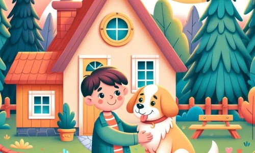 Une illustration destinée aux enfants représentant un garçon vivant une séparation familiale, accompagné de son chien fidèle, dans une jolie maison en bordure de la forêt.