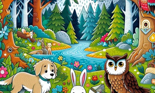 Une illustration destinée aux enfants représentant un chien courageux, un lapin inquiet, et une chouette sage dans une forêt enchantée aux arbres majestueux, aux fleurs colorées et à la rivière scintillante.