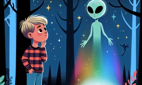 Une illustration destinée aux enfants représentant un garçon curieux observant une lumière multicolore descendre vers la Terre, accompagné d'un extraterrestre bienveillant aux cheveux scintillants, dans une clairière sombre et mystérieuse de la forêt.