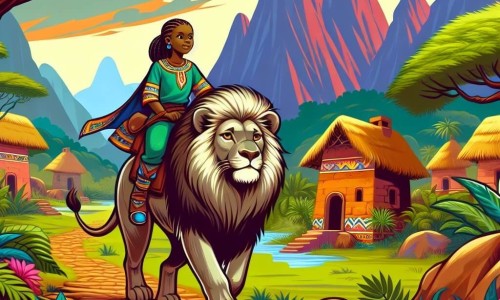 Une illustration destinée aux enfants représentant une jeune femme courageuse affrontant des épreuves aux côtés d'un lion majestueux, sur le sentier escarpé de la Montagne des Étoiles, dans un village africain aux couleurs chatoyantes.