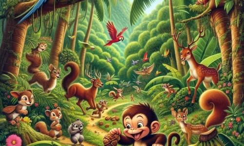 Une illustration destinée aux enfants représentant un petit singe malicieux organisant une course de noix avec ses amis animaux dans la luxuriante forêt de Bananapolis.