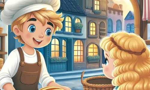 Une illustration destinée aux enfants représentant un boulanger passionné, un garçon, travaillant dans sa chaleureuse boulangerie en plein cœur d'un village pittoresque, accueillant une fillette curieuse aux boucles blondes.