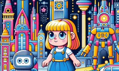 Une illustration destinée aux enfants représentant une petite fille vivant dans une ville futuriste pleine de lumières colorées, accompagnée d'un robot étrange, se déroulant dans la magnifique cité d'Arcadia, où les immeubles touchaient le ciel et les voitures volaient dans les airs.