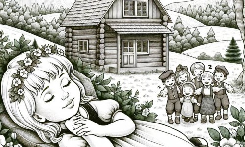 Une illustration destinée aux enfants représentant une jeune fille au teint de porcelaine, endormie sous l'ombre bienveillante d'une maison en bois enchâssée dans une clairière verdoyante, entourée de sept nains joyeux.