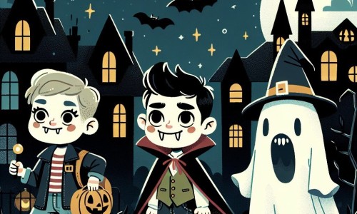 Une illustration destinée aux enfants représentant un jeune garçon déguisé en vampire, accompagné de ses amis déguisés en sorcière et en fantôme, explorant une rue sombre et mystérieuse parsemée de maisons hantées le soir d'Halloween.