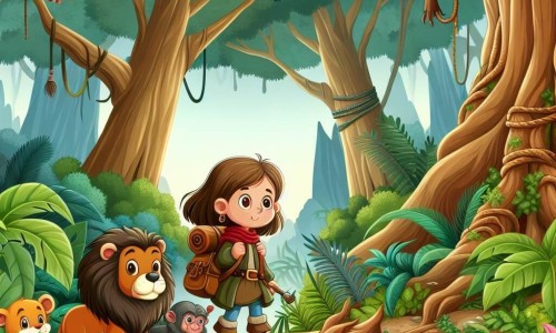 Une illustration destinée aux enfants représentant une petite fille intrépide, entourée de ses fidèles amis animaux, se lançant dans une jungle luxuriante aux arbres centenaires, à la recherche d'un trésor légendaire.