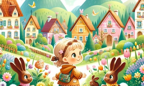Une illustration destinée aux enfants représentant une petite fille curieuse et espiègle, accompagnée de lapins en chocolat magiques, parcourant un village aux maisons colorées et aux fleurs éclatantes, à la veille de la fête de Pâques.