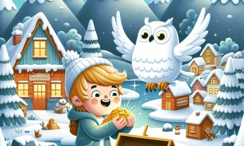 Une illustration destinée aux enfants représentant un garçon joyeux découvrant un trésor avec l'aide d'une chouette blanche, dans un petit village enneigé entouré de montagnes scintillantes.