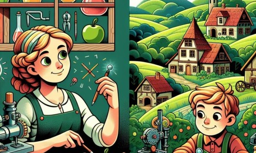 Une illustration destinée aux enfants représentant une jeune femme inventive, accompagnée d'un garçon curieux, travaillant dans un atelier rempli de gadgets colorés, dans un village paisible entouré de collines verdoyantes.