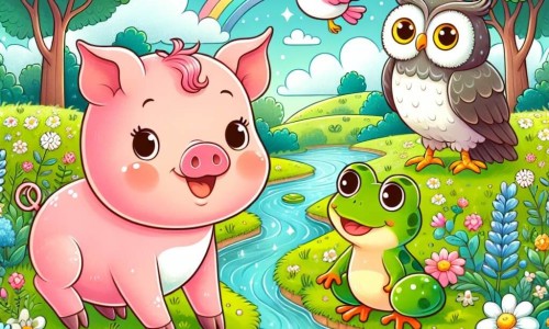 Une illustration destinée aux enfants représentant un adorable cochon rose, une jeune fille grenouille et un vieux hibou sage, vivant des aventures dans une ferme verdoyante entourée de prairies fleuries et d'une rivière scintillante.