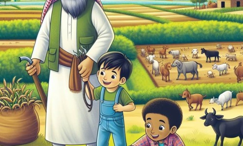 Une illustration destinée aux enfants représentant un homme passionné par l'agriculture, accompagné d'une fillette espiègle et d'un garçon curieux, travaillant ensemble dans une ferme paisible entourée de vastes champs verdoyants et d'animaux joyeux.