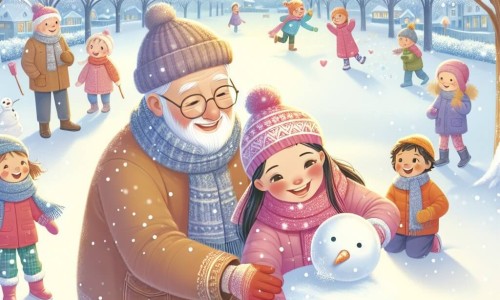 Une illustration destinée aux enfants représentant une fillette joyeuse construisant un bonhomme de neige avec l'aide d'un gentil vieil homme, dans un parc enneigé aux arbres recouverts de neige scintillante et aux enfants rieurs s'amusant en arrière-plan.
