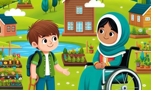 Une illustration destinée aux enfants représentant un garçon plein de vie rencontrant une jeune fille en fauteuil roulant dans un village paisible entouré de collines verdoyantes, où ils décident de créer un jardin inclusif ensemble.