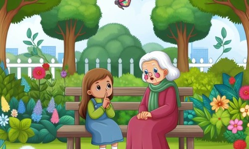 Une illustration destinée aux enfants représentant une fillette confrontée à un lourd secret, une vieille dame sage assise sur un banc dans un parc verdoyant aux arbres majestueux et aux fleurs colorées.
