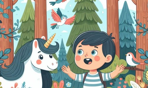 Une illustration destinée aux enfants représentant un garçon émerveillé par la découverte d'une licorne dans une forêt enchantée aux arbres majestueux et aux oiseaux joyeux.