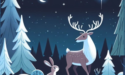 Une illustration destinée aux enfants représentant un renne majestueux et sage, accompagné d'un jeune lapin timide, explorant une vaste forêt enneigée illuminée par la lueur des étoiles.
