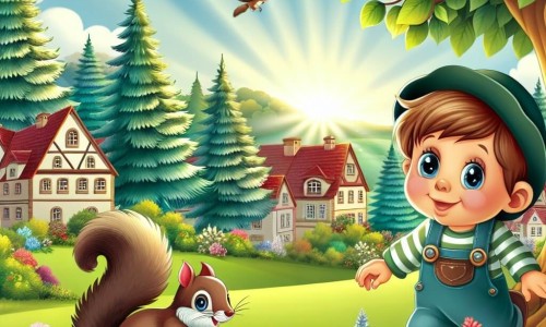 Une illustration destinée aux enfants représentant un petit garçon curieux se promenant dans un parc verdoyant, accompagné d'un écureuil joueur, au milieu d'arbres majestueux aux feuilles chatoyantes et de fleurs multicolores épanouies, dans un village paisible baigné par la lumière douce du soleil.