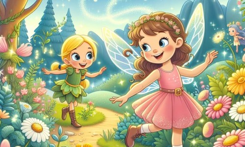 Une illustration destinée aux enfants représentant une charmante fée aux ailes étincelantes, accompagnée d'une jeune fille curieuse, évoluant dans un royaume des fées aux fleurs dansantes et aux arbres parlants.