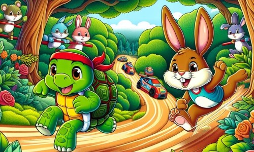 Une illustration destinée aux enfants représentant une tortue garçon, passionnée de course, défiant un lièvre garçon lors d'une grande course, dans une forêt luxuriante et pleine de vie.