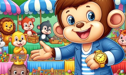 Une illustration destinée aux enfants représentant un joyeux jeune singe garçon avec une montre dorée, échangeant des objets colorés avec ses amis dans un marché animé rempli de stands colorés et d'animaux souriants.
