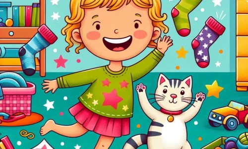 Une illustration destinée aux enfants représentant une fillette espiègle confrontée au défi impossible de retrouver ses chaussettes disparues, aidée par un chat farceur, dans une chambre colorée et joyeuse parsemée de jouets et de livres.