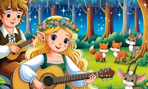 Une illustration destinée aux enfants représentant une jeune femme aux cheveux dorés, jouant de la guitare dans une clairière enchantée, accompagnée d'un musicien au visage bienveillant, entourée d'arbres majestueux aux feuilles chatoyantes et d'animaux curieux écoutant sa mélodie envoûtante.