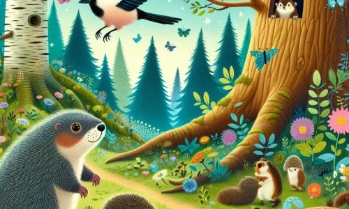 Une illustration destinée aux enfants représentant une marmotte curieuse, une pie bavarde et un hérisson malicieux explorant une forêt enchantée avec des arbres géants, des papillons colorés et un arbre à paroles mystérieux.