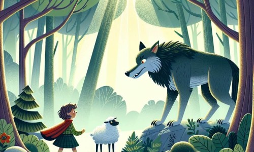 Une illustration destinée aux enfants représentant une jeune fille courageuse affrontant un grand méchant loup dans une mystérieuse forêt, accompagnée d'une brebis égarée, entourée d'arbres majestueux et de rayons de soleil filtrant à travers les feuillages.
