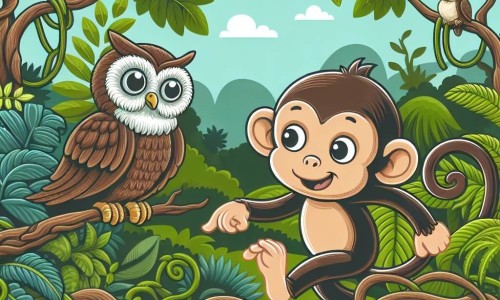 Une illustration destinée aux enfants représentant une guenon espiègle et curieuse, accompagnée d'un sage hibou, dans une luxuriante forêt tropicale aux arbres touffus et aux lianes entrelacées.