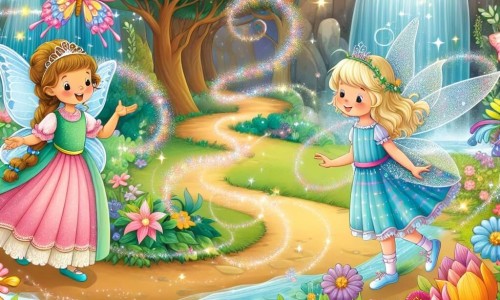 Une illustration destinée aux enfants représentant une princesse courageuse, accompagnée d'une fée étincelante, explorant une forêt enchantée remplie de fleurs colorées, de papillons virevoltants et de cascades scintillantes.