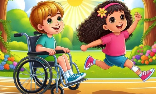 Une illustration destinée aux enfants représentant un garçon en fauteuil roulant, faisant la course avec une petite fille aux cheveux bouclés et aux yeux pétillants, dans un parc ensoleillé bordé de fleurs multicolores et d'arbres majestueux.
