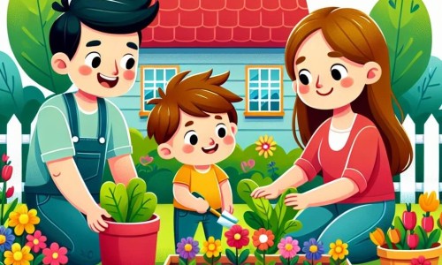 Une illustration destinée aux enfants représentant un petit garçon aux cheveux bruns ébouriffés, partageant un moment de complicité avec ses parents en construisant un potager coloré et fleuri dans leur charmant jardin au toit rouge.