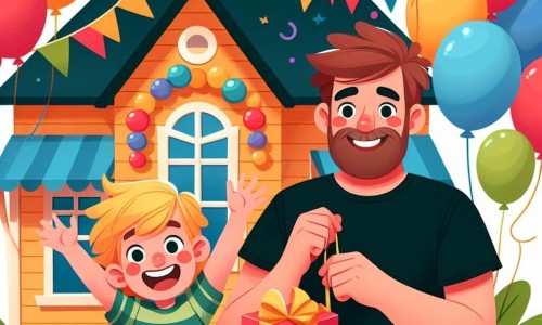 Une illustration destinée aux enfants représentant un petit garçon plein d'enthousiasme pour la fête des pères, accompagné de son papa, dans une maison colorée décorée de ballons et de guirlandes festives.