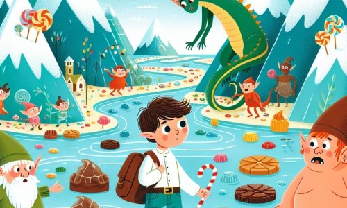 Une illustration destinée aux enfants représentant un petit garçon curieux se retrouvant dans un royaume féerique avec un lutin maladroit et un dragon farceur, entourés de montagnes de bonbons, de trolls gourmands et de rivières de chocolat.