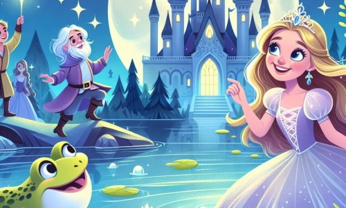Une illustration destinée aux enfants représentant une princesse farfadette rieuse se lançant dans une aventure mystérieuse avec une grenouille bavarde, près du lac cristallin scintillant sous la lueur de la lune dans le royaume enchanté d'Émeraudia.